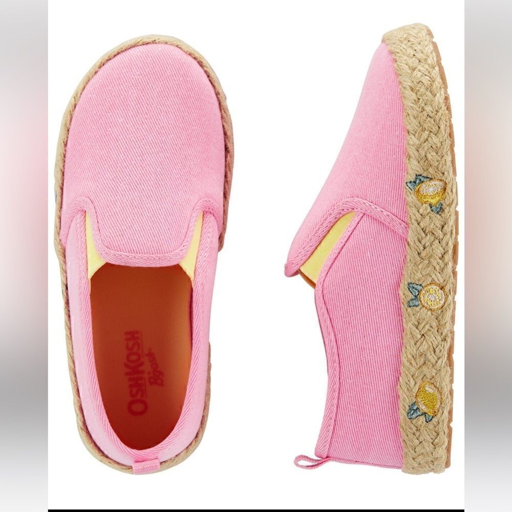 NEW OshKosh B’Gosh Sparkly Lemon Pink Slip On Espadrille Closed Toe Shoes Size 6